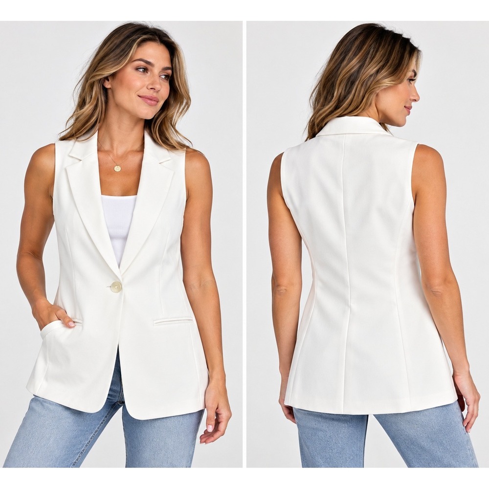 Express Womens White Sleeveless Blazer Vest Single Button Notched Lapel Size M